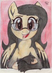 Size: 1024x1439 | Tagged: safe, artist:pollito15, oc, oc only, oc:jennifer miranda, pegasus, pony, bust, female, glasses, graph paper, lined paper, mare, portrait, solo, traditional art, two toned wings, unshorn fetlocks
