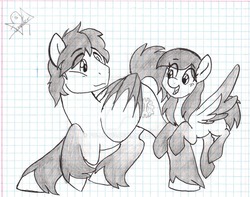 Size: 1024x807 | Tagged: safe, artist:pollito15, oc, oc only, oc:jennifer miranda, pegasus, pony, father and daughter, female, glasses, graph paper, lined paper, male, mare, monochrome, stallion, traditional art, unshorn fetlocks