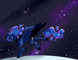 Size: 3850x2975 | Tagged: safe, artist:animalstamp, princess luna, alicorn, pony, g4, coat markings, curved horn, cutie mark, dappled, ethereal mane, female, freckles, high res, horn, jewelry, leonine tail, looking back, mare, regalia, running, solo, space, starry mane, stars, unshorn fetlocks