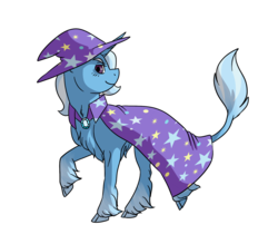 Size: 1616x1356 | Tagged: safe, artist:animalstamp, trixie, classical unicorn, pony, unicorn, g4, cape, clothes, cloven hooves, female, hat, horn, leonine tail, looking at you, mare, simple background, smiling, solo, transparent background, trixie's cape, trixie's hat, unshorn fetlocks