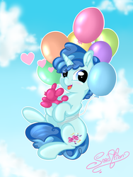 Size: 3000x4000 | Tagged: safe, artist:saralien, party favor, pony, unicorn, g4, balloon, balloon animal, blushing, cute, favorbetes, floating, happy, high res, male, open mouth, sky, solo, stallion, that pony sure does love balloons
