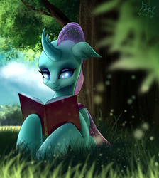 Size: 2500x2794 | Tagged: safe, artist:foughtdragon01, ocellus, changedling, changeling, g4, book, cute, diaocelles, female, floppy ears, grass, high res, hoof hold, lidded eyes, nature, prone, reading, shade, smiling, solo, tree, 👒🕍ocellus