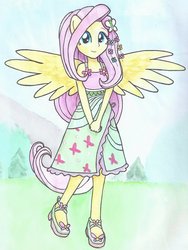 Size: 1024x1365 | Tagged: safe, artist:astevenamedwolf, fluttershy, equestria girls, g4, clothes, dress, flower, flower in hair, looking at you, ponied up, sky, spread wings, traditional art, wings