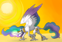 Size: 4300x2900 | Tagged: safe, artist:animalstamp, princess celestia, alicorn, pony, g4, angry, colored wings, cutie mark, ethereal mane, female, glowing horn, head down, horn, jewelry, leonine tail, mare, regalia, solo, sun, unshorn fetlocks