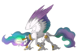 Size: 4300x2900 | Tagged: safe, alternate version, artist:animalstamp, princess celestia, alicorn, pony, g4, angry, colored wings, cutie mark, ethereal mane, female, glowing horn, horn, jewelry, leonine tail, mare, regalia, simple background, solo, spread wings, transparent background, unshorn fetlocks, wings