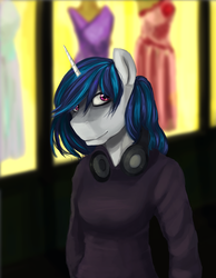 Size: 1979x2550 | Tagged: safe, artist:iceminth, dj pon-3, vinyl scratch, unicorn, anthro, g4, alternate hairstyle, clothes, female, headphones, looking at you, mannequin, shop, solo, sweater