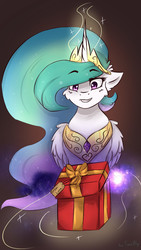 Size: 607x1080 | Tagged: safe, artist:tavifly, princess celestia, alicorn, pony, my little brony risovach, g4, box, bust, cheek fluff, christmas, female, happy, holiday, magic, new year, present, smiling, solo