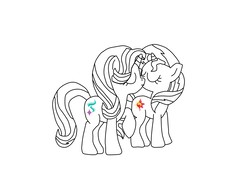 Size: 1754x1240 | Tagged: safe, artist:xbluestreakx, starlight glimmer, sunset shimmer, g4, cute, duo, female, kissing, lesbian, lineart, partial color, ship:shimmerglimmer, shipping
