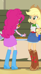 Size: 1242x2208 | Tagged: safe, screencap, applejack, pinkie pie, equestria girls, g4, my little pony equestria girls: rainbow rocks, apple, belt, boots, bracelet, clothes, cookie, cowboy boots, cowboy hat, cropped, cup, denim skirt, food, freckles, hand on hip, hat, high heel boots, jewelry, plate, punch (drink), punch bowl, rear view, shoes, skirt, stetson, table