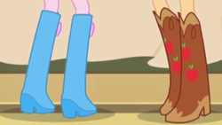 Size: 2208x1242 | Tagged: safe, screencap, applejack, pinkie pie, equestria girls, g4, my little pony equestria girls: rainbow rocks, apple, boots, cowboy boots, food, high heel boots, legs, pictures of legs, shoes