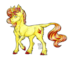 Size: 1024x888 | Tagged: safe, artist:biakela, sunset shimmer, classical unicorn, pony, unicorn, g4, chest fluff, cloven hooves, cutie mark, ear fluff, ear piercing, female, horn, leonine tail, mare, piercing, simple background, solo, traditional art, unshorn fetlocks, watercolor painting, white background