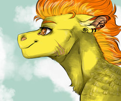 Size: 1024x853 | Tagged: safe, artist:biakela, spitfire, pony, g4, colored ears, ear piercing, earring, female, jewelry, mare, piercing, profile, scar, smiling, solo, tattoo