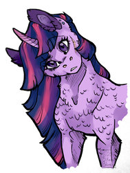 Size: 1024x1356 | Tagged: safe, artist:biakela, twilight sparkle, pony, g4, chest fluff, confused, curved horn, ear fluff, female, head tilt, horn, looking at you, mare, scar, simple background, solo, white background