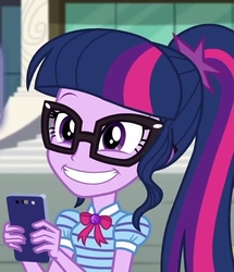 Size: 620x720 | Tagged: safe, screencap, sci-twi, twilight sparkle, equestria girls, g4, my little pony equestria girls: better together, text support, text support: rarity, big smile, bowtie, cellphone, cropped, cute, female, geode of telekinesis, glasses, magical geodes, phone, ponytail, smartphone, smiling, solo, twiabetes