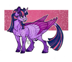 Size: 1024x882 | Tagged: safe, artist:biakela, twilight sparkle, alicorn, classical unicorn, pony, unicorn, g4, abstract background, chest fluff, cloven hooves, colored wings, ear fluff, female, horn, leonine tail, mare, smiling, solo, twilight sparkle (alicorn), unshorn fetlocks, wing claws