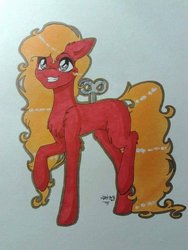 Size: 600x800 | Tagged: safe, artist:adostume, oc, oc only, pony, chest fluff, grin, key, smiling, solo, traditional art
