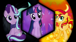 Size: 719x404 | Tagged: safe, edit, screencap, starlight glimmer, sunset shimmer, twilight sparkle, pony, unicorn, g4, cutie mark, female, fiery shimmer, glowing, hexagon, looking at you, magical trio, sitting, sts trinity, trio, trio female, unicorn twilight, wallpaper