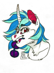 Size: 1024x1372 | Tagged: safe, artist:biakela, dj pon-3, vinyl scratch, pony, unicorn, g4, bust, chest fluff, colored ears, curved horn, ear piercing, earring, female, glasses, horn, jewelry, looking at you, mare, mouth hold, open mouth, piercing, simple background, solo, traditional art, white background