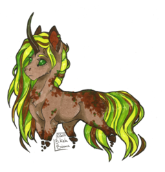 Size: 1024x1067 | Tagged: safe, artist:biakela, oc, oc only, original species, curved horn, ear piercing, earring, female, forest pony, horn, jewelry, mare, marker drawing, piercing, simple background, solo, traditional art, white background