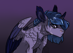 Size: 1024x741 | Tagged: safe, artist:biakela, oc, oc only, oc:hex, alicorn, pony, alicorn oc, chest fluff, colored wings, crying, ear fluff, gradient background, magical lesbian spawn, offspring, parent:princess luna, parent:twilight sparkle, parents:twiluna, solo
