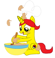 Size: 640x680 | Tagged: safe, artist:nightshadowmlp, oc, oc only, oc:game point, batter, bowl, chef's hat, cooking, food, happy, hat, old design, poké ball, pokémon, spoon