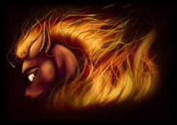Size: 1024x724 | Tagged: safe, artist:mylittleasspit, oc, oc only, fire pony, original species, black background, bust, fire, looking back, simple background, solo