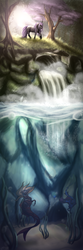 Size: 800x2400 | Tagged: safe, artist:mylittleasspit, oc, oc only, pony, sea pony, unicorn, forest, trio, underwater, waterfall