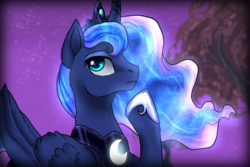 Size: 2121x1413 | Tagged: dead source, safe, artist:not-ordinary-pony, princess luna, alicorn, pony, g4, crown, ethereal mane, female, hoof on chin, horn, horseshoes, jewelry, mare, night, redraw, regalia, scene interpretation, sky, solo, starry mane, stars, thinking, tree