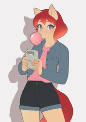 Size: 1280x1810 | Tagged: dead source, safe, artist:glorious-rarien, oc, oc only, earth pony, anthro, anthro oc, bubblegum, clothes, female, food, game boy, gamer, gum, jacket, mare, short hair, short mane, shorts, solo