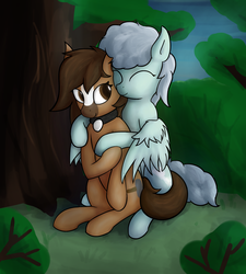 Size: 2179x2419 | Tagged: safe, artist:deerdraw, oc, oc only, oc:horseshoe, oc:overcastpone, earth pony, pegasus, pony, collar, couple, duo, female, forest, grass, high res, hug, male, smiling, tree