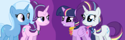 Size: 1568x508 | Tagged: safe, artist:fluttershy918, rarity, starlight glimmer, trixie, twilight sparkle, alicorn, pony, g4, alternate universe, female, lesbian, ship:rarilight, ship:startrix, shipping, twilight sparkle (alicorn)