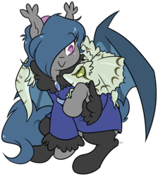 Size: 1306x1455 | Tagged: safe, artist:egophiliac, oc, oc only, oc:river rhythm, bat pony, lizard, clothes, cute, female, hairband, looking at each other, no source available, pet, pet oc, simple background, smiling, socks, solo, thigh highs, transparent background