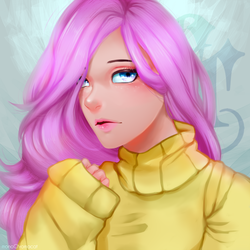 Size: 3000x3000 | Tagged: safe, artist:monochromacat, fluttershy, human, g4, clothes, female, high res, humanized, looking at you, solo, sweater, sweatershy