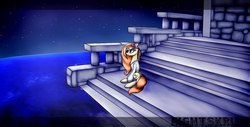 Size: 1151x583 | Tagged: safe, artist:nightskrill, oc, oc only, pony, unicorn, clothes, female, flower, flower in hair, mare, night, solo, stairs, stars