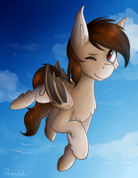 Size: 797x1026 | Tagged: safe, artist:deraniel, oc, oc only, oc:ecru tether, bat pony, cloud, full body, one eye closed, sky, wink