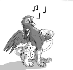 Size: 4000x3824 | Tagged: safe, artist:double-zr-tap, oc, oc only, oc:ruzeth, griffon, male, music notes, simple background, singing, solo, species swap, white background