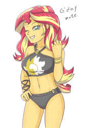 Size: 2208x3248 | Tagged: safe, artist:sumin6301, sunset shimmer, equestria girls, equestria girls specials, g4, my little pony equestria girls: better together, my little pony equestria girls: forgotten friendship, adorasexy, australian, belly button, bikini, bikini babe, black swimsuit, clothes, cute, cutie mark on clothes, cutie mark swimsuit, dialogue, female, hand on hip, high res, jeweled swimsuit, lidded eyes, looking at you, one eye closed, sexy, shimmerbetes, simple background, smiling, solo, summer sunset, swimsuit, white background, wink
