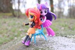 Size: 6000x4000 | Tagged: safe, artist:artofmagicpoland, sunset shimmer, twilight sparkle, alicorn, equestria girls, g4, about to fail, chair, doll, equestria girls minis, eqventures of the minis, female, irl, photo, pushing, revenge, this will end in pain, toy, twibitch sparkle, twilight sparkle (alicorn)