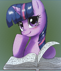 Size: 734x849 | Tagged: safe, artist:askaniz, artist:johnjoseco, twilight sparkle, pony, g4, book, crossover, dithering, female, minecraft, needs more dither, solo