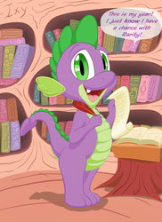 Size: 1280x1760 | Tagged: safe, artist:ixbalam, spike, dragon, g4, book, bookshelf, golden oaks library, implied rarity, implied shipping, implied sparity, implied straight, male, open mouth, open smile, quill, scroll, smiling, year of the dragon