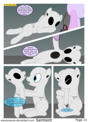 Size: 3840x5280 | Tagged: safe, artist:waveywaves, oc, oc only, oc:joule, oc:perry, pony, robot, robot pony, comic:sentient, comic, speech bubble