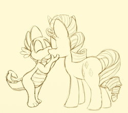 Size: 1280x1129 | Tagged: safe, artist:ixbalam, rarity, spike, g4, female, kissing, male, monochrome, sepia, ship:sparity, shipping, straight