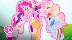 Size: 1920x1080 | Tagged: safe, applejack, fluttershy, pinkie pie, rainbow dash, rarity, twilight sparkle, g4, magical mystery cure, a true true friend, floating, magic, magic aura, mane six, my little pony logo