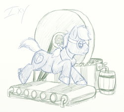 Size: 2200x2000 | Tagged: safe, artist:ixbalam, big macintosh, earth pony, pony, g4, the super speedy cider squeezy 6000, barrel, cider, cider press, goggles, high res, male, partial color, sketch, solo, traditional art, treadmill