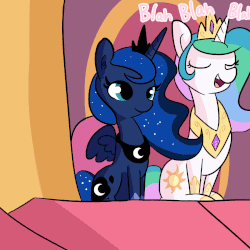 Size: 1650x1650 | Tagged: safe, artist:tjpones, editor:seiken, princess celestia, princess luna, alicorn, pony, g4, :p, animated, blah blah blah, duo, eyes closed, female, gif, looking at you, mare, one eye closed, perfect loop, silluna, silly, silly pony, sisters, sitting, throne, tongue out, trolluna, wink