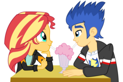 Size: 6000x4000 | Tagged: safe, artist:spottedlions, flash sentry, sunset shimmer, equestria girls, g4, absurd resolution, clothes, commission, drinking, female, jacket, leather jacket, looking at each other, male, milkshake, ship:flashimmer, shipping, simple background, smiling, straight, straw, table