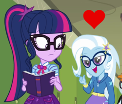 Size: 1266x1074 | Tagged: safe, edit, edited screencap, screencap, sci-twi, trixie, twilight sparkle, best trends forever, best trends forever: twilight sparkle, equestria girls, g4, my little pony equestria girls: better together, female, geode of telekinesis, lesbian, magical geodes, ship:sci-twixie, ship:twixie, shipping