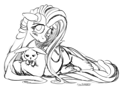 Size: 1100x850 | Tagged: safe, artist:noctomaeus, angel bunny, fluttershy, pegasus, pony, rabbit, g4, bashful, female, floppy ears, grayscale, looking at you, lying down, mare, monochrome, signature, sketch, solo, unamused, unshorn fetlocks