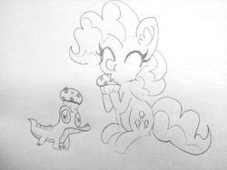 Size: 1920x1440 | Tagged: safe, artist:tjpones, gummy, pinkie pie, alligator, earth pony, pony, g4, black and white, cupcake, duo, eating, eyes closed, female, food, grayscale, lineart, mare, monochrome, sitting, traditional art