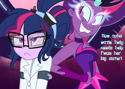 Size: 700x500 | Tagged: dead source, safe, artist:wubcakeva, sci-twi, twilight sparkle, comic:twilight's lab, equestria girls, g4, clothes, cross-popping veins, midnight sparkle, self paradox, smiling